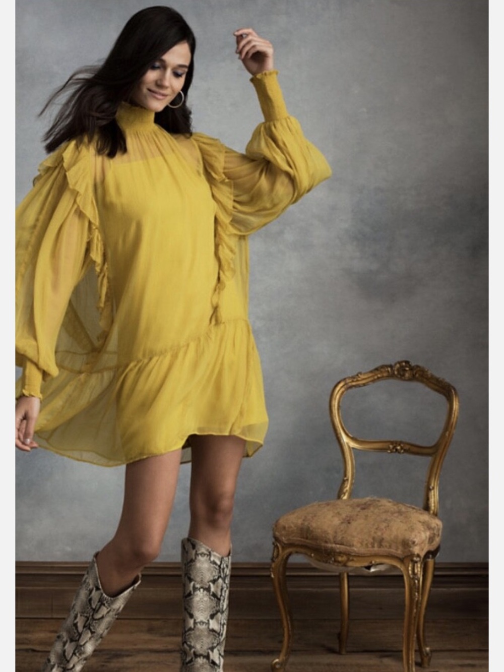 Mustard Yellow Ruffle-Trim Long Sleeve Mini Dress